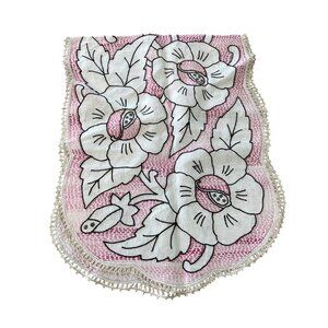 Hand Crafted Floral Embroidered Table Runner White Pink Cotton Lace Trim Decor